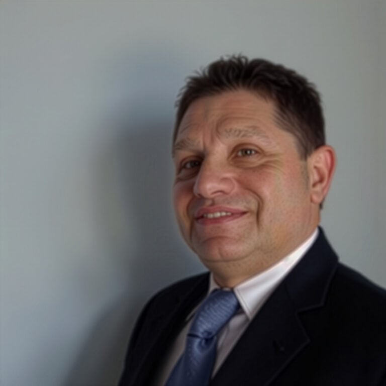 A man in a dark suit and light blue tie stands against a plain light-colored wall, looking at the camera and smiling slightly.