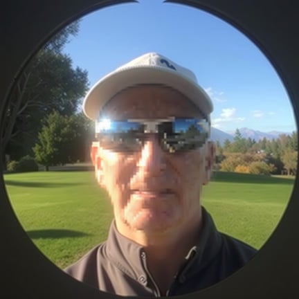 A person wearing a white hat and reflective sunglasses stands on a golf course, with trees and mountains in the background, seen through a circular frame.