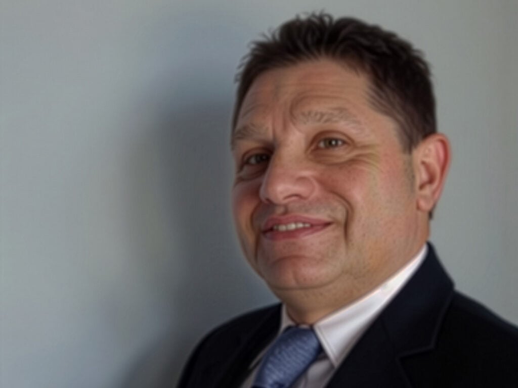 A man in a suit and tie poses against a plain light-colored background, looking at the camera with a slight smile.