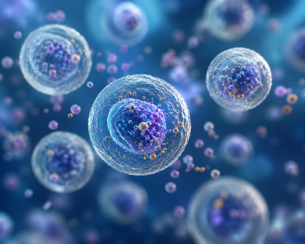 3D illustration of multiple human cells with visible nuclei and organelles floating in a blue environment.