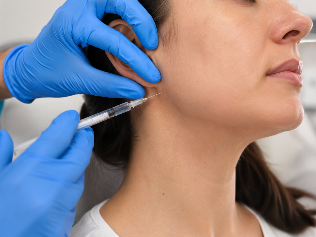A person receives an injection in the jaw area from someone wearing blue medical gloves.